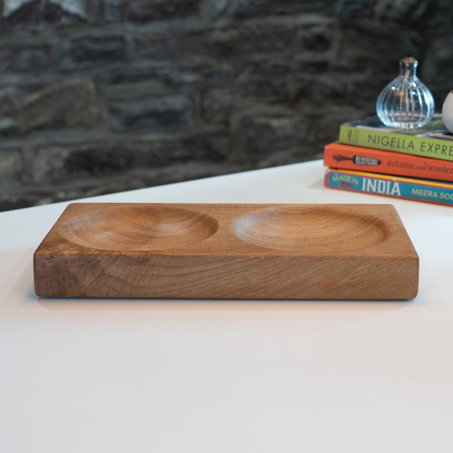 Double Wooden Oak Serving Bowl