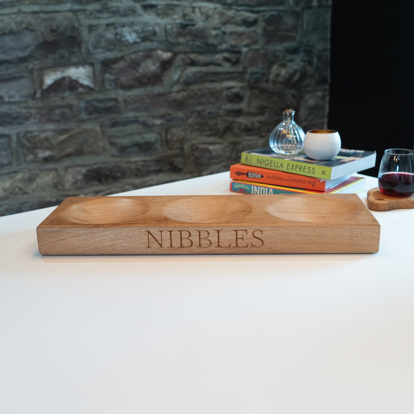 Triple Wooden Oak Serving Bowl