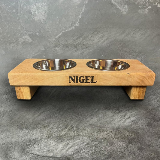 Personalised Solid Oak Pet Bowl + Stand