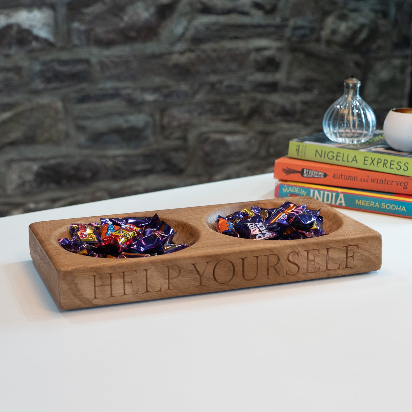 Double Wooden Oak Serving Bowl